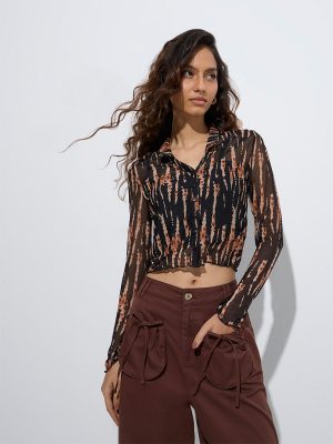 Nuon Black Animal Printed Mesh Blouse with Camisole
