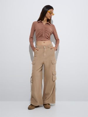 Nuon Light Brown Ruched Mesh Top