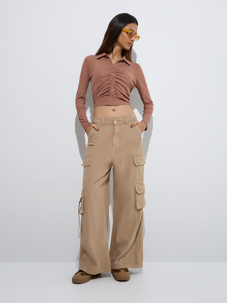 Nuon Light Brown Ruched Mesh Top