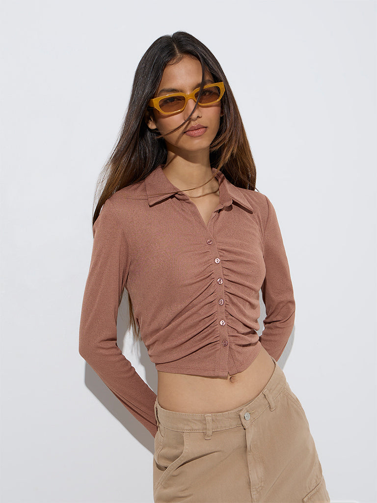 Nuon Light Brown Ruched Mesh Top - Image 2