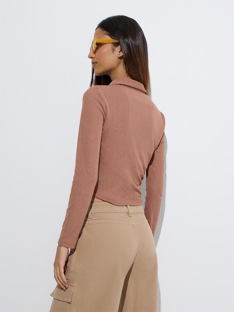 Nuon Light Brown Ruched Mesh Top - Image 4