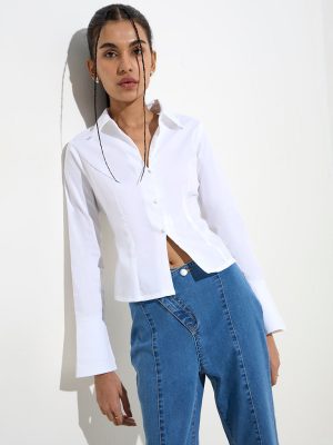 Nuon White Solid Cotton-Blend Shirt