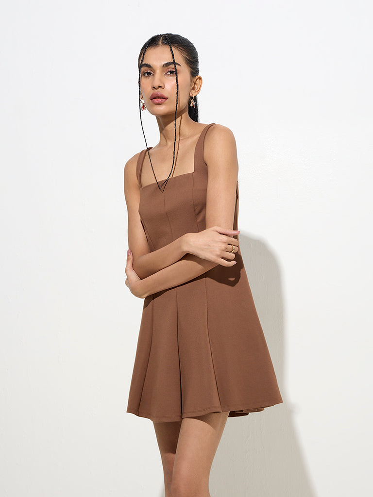 Nuon Brown Solid A-Line Dress - Image 3