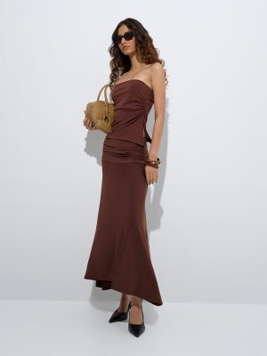 Nuon Brown Ruched High-Rise A-Line Skirt