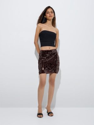Nuon Dark Brown Sequin High-Rise Mini Skirt