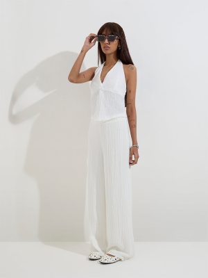 Nuon White Crinkle-Textured High-Rise Pants