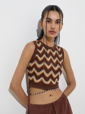Nuon Brown Wave Pattern Knit-Textured Cotton-Blend Top