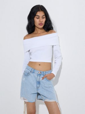 Nuon White Ribbed-Textured Cotton-Blend Off-Shoulder Top