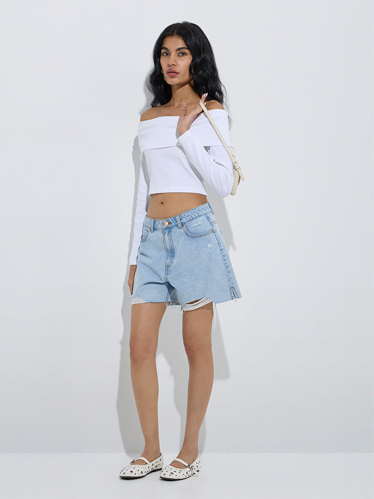 Nuon White Ribbed-Textured Cotton-Blend Off-Shoulder Top - Image 2