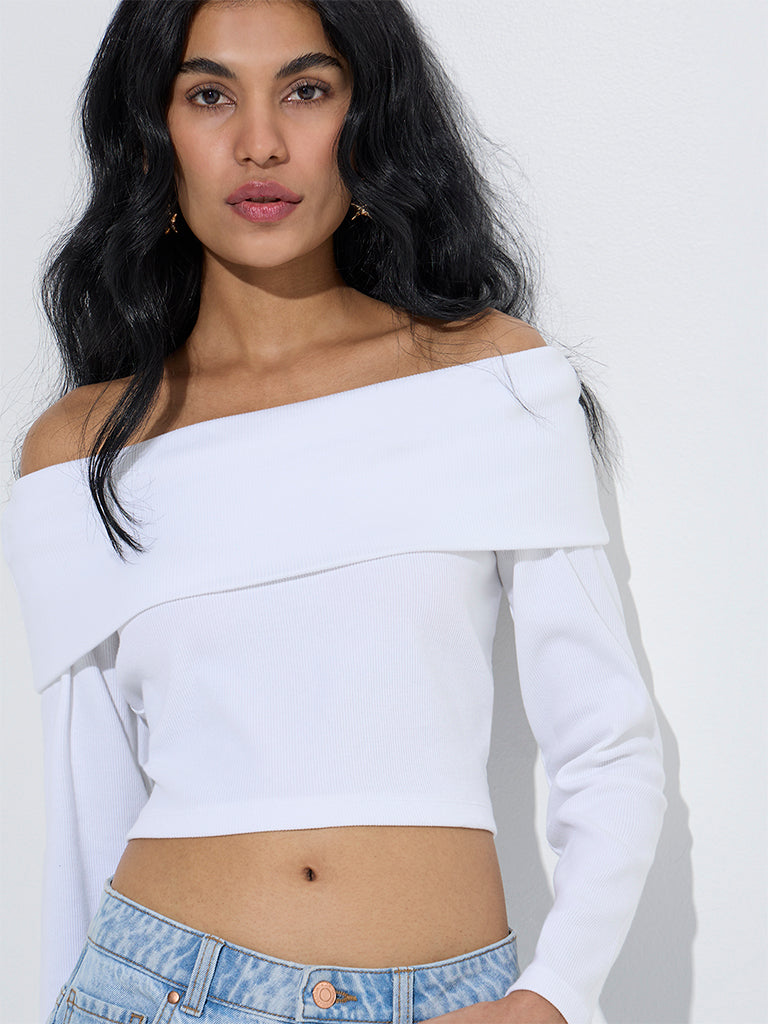 Nuon White Ribbed-Textured Cotton-Blend Off-Shoulder Top - Image 3