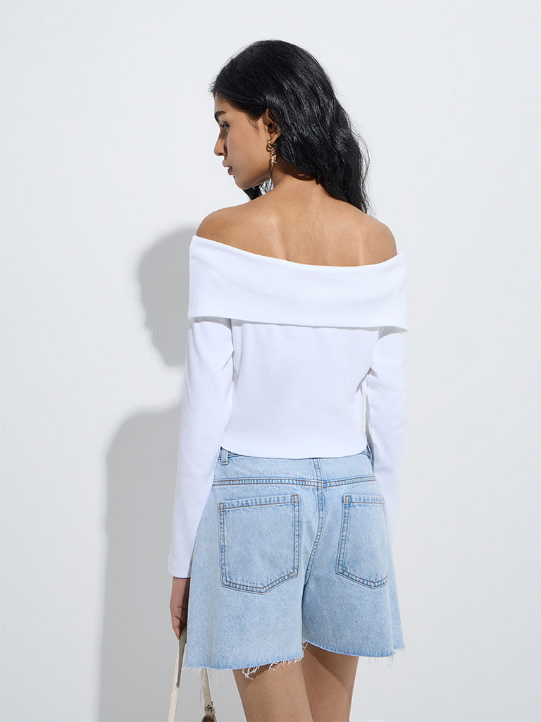 Nuon White Ribbed-Textured Cotton-Blend Off-Shoulder Top - Image 4