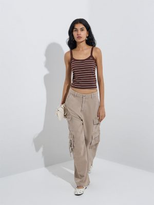 Nuon Brown Striped Cotton Top