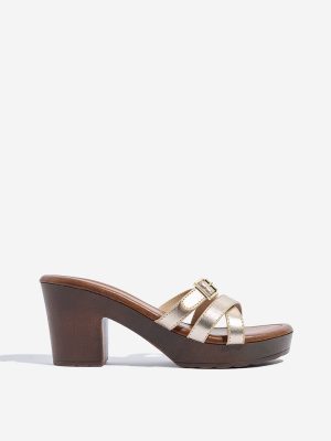 LUNA BLU Gold Multi-Strap Block Sandals