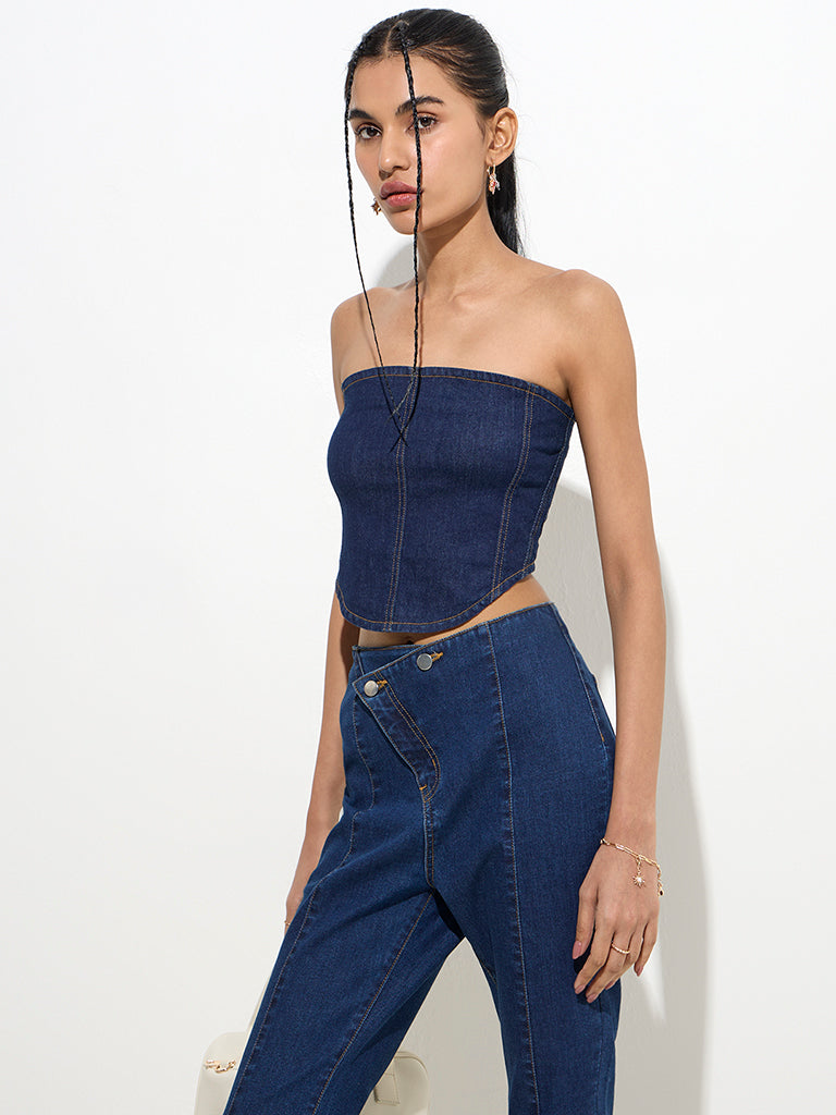 Nuon Dark Blue Corset-Style Denim Tube Top - Image 2