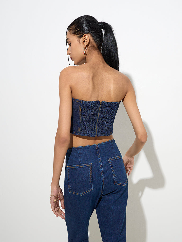 Nuon Dark Blue Corset-Style Denim Tube Top - Image 4