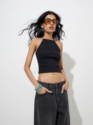 Nuon Black Ribbed-Textured Cotton-Blend Top