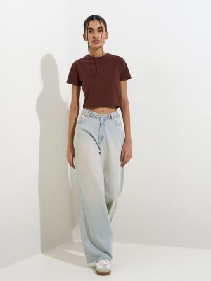 Nuon Brown Solid Cotton-Blend T-Shirt