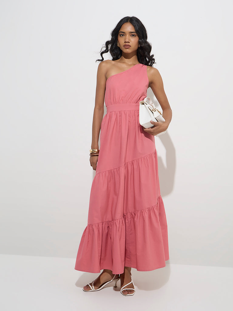 LOV Pink One-Shoulder Cotton Tiered Dress