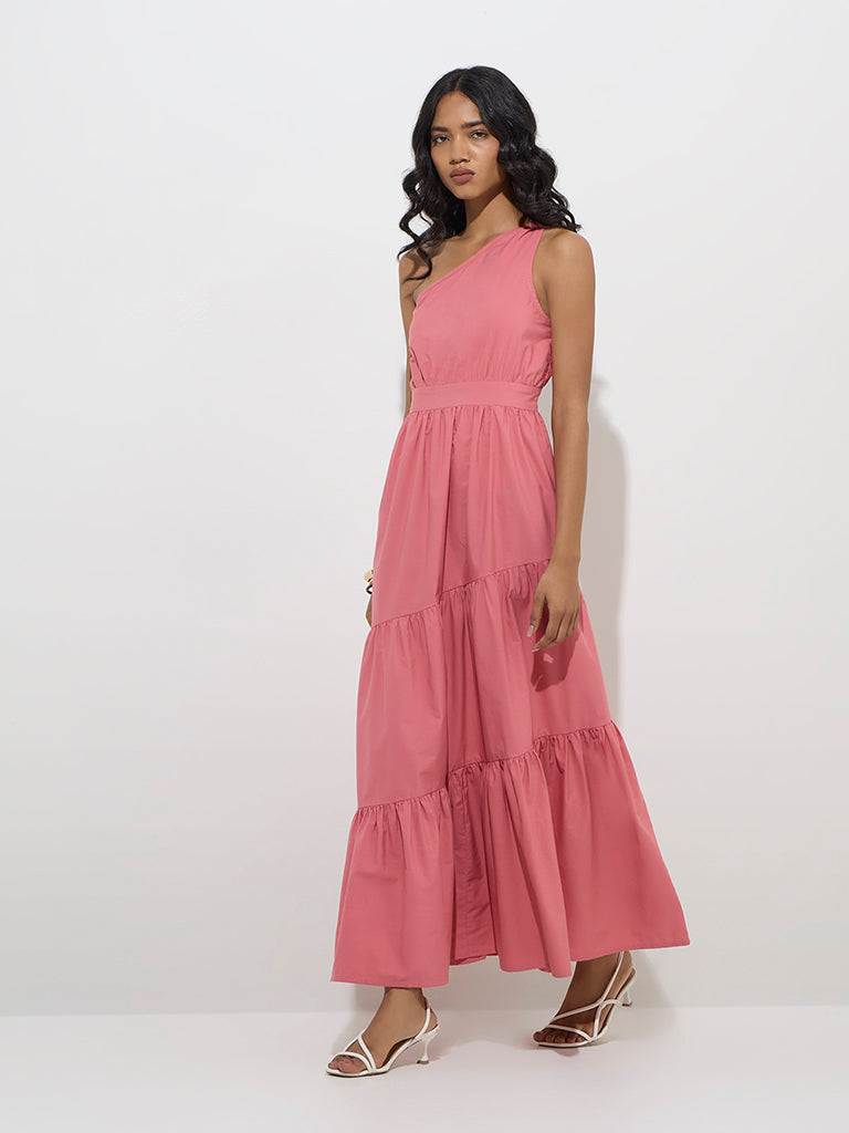 LOV Pink One-Shoulder Cotton Tiered Dress - Image 2