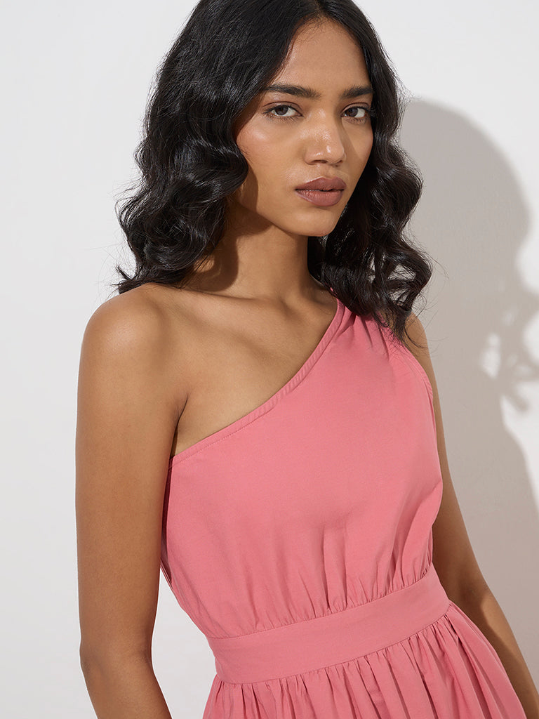 LOV Pink One-Shoulder Cotton Tiered Dress - Image 3