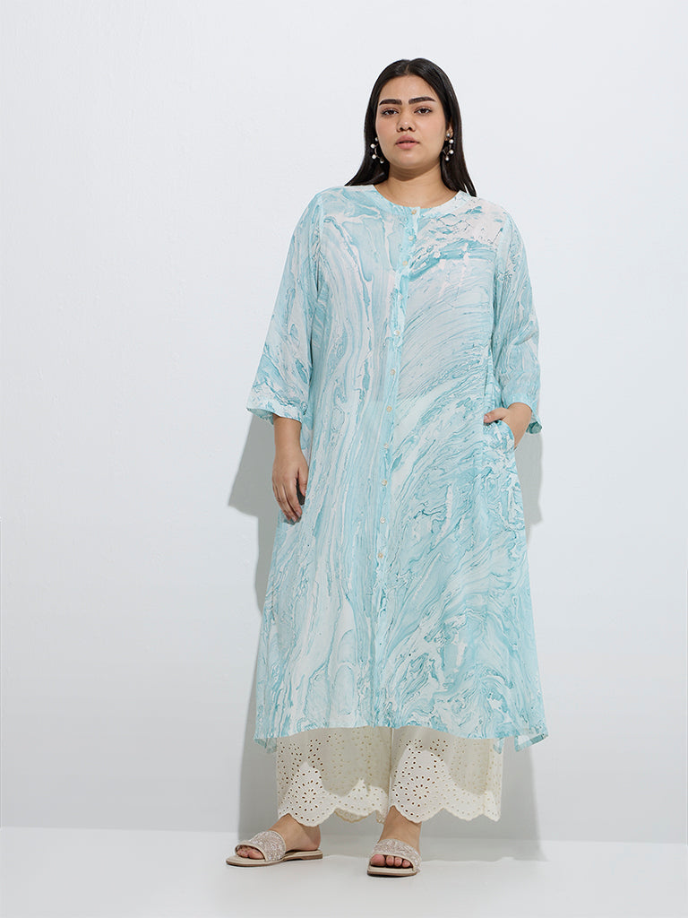 Diza Teal Marble Printed A-Line Kurta - Image 2