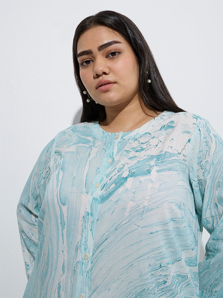 Diza Teal Marble Printed A-Line Kurta - Image 3