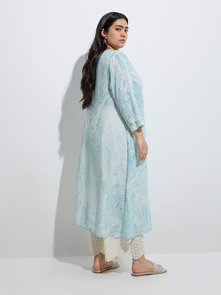 Diza Teal Marble Printed A-Line Kurta - Image 4
