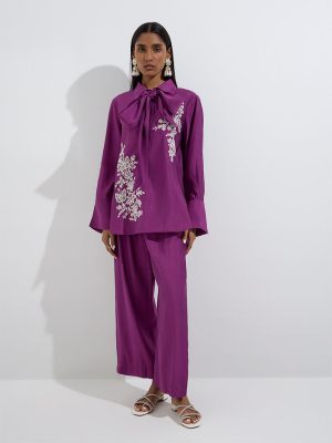 Vark Purple Embroidered Kurti. Pants and Sash Set