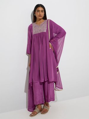 Vark Purple Floral Embroidered A-Line Ethnic Set