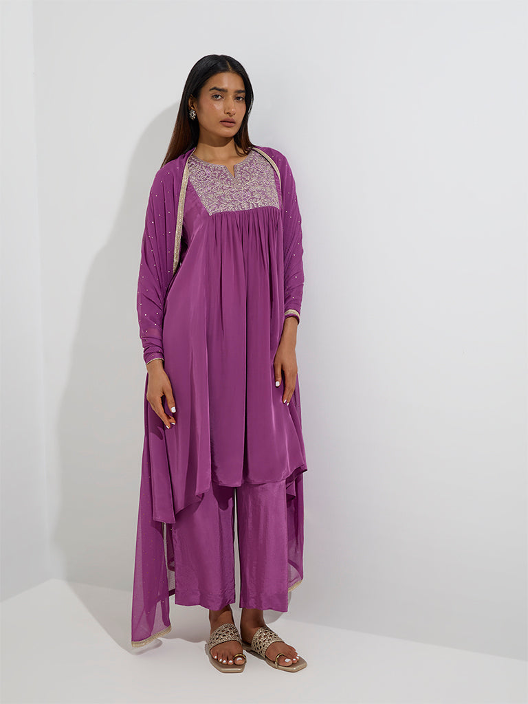 Vark Purple Floral Embroidered A-Line Ethnic Set - Image 2