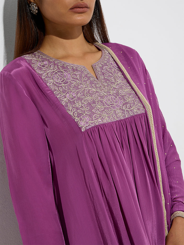 Vark Purple Floral Embroidered A-Line Ethnic Set - Image 3