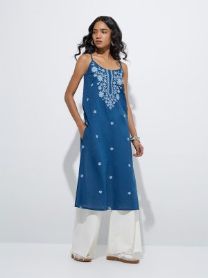 Utsa Indigo Floral Embroidered Straight Kurta