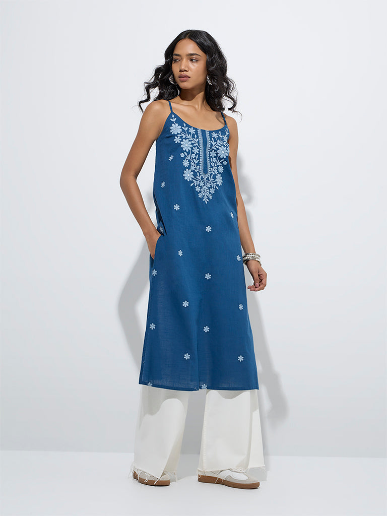 Utsa Indigo Floral Embroidered Straight Kurta