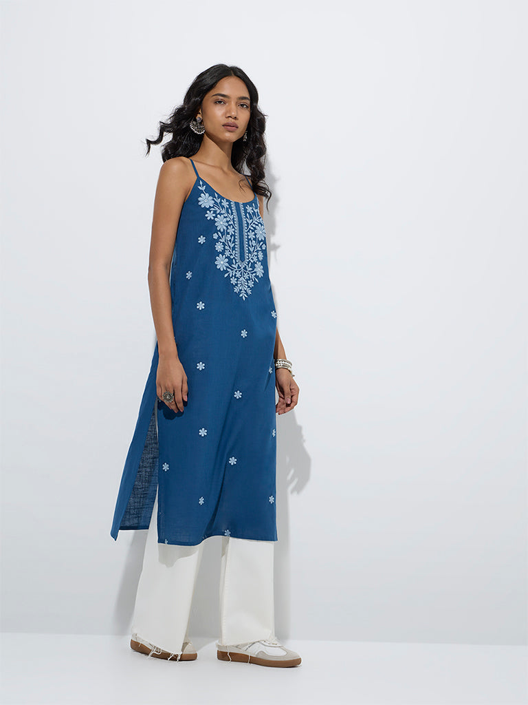 Utsa Indigo Floral Embroidered Straight Kurta - Image 2