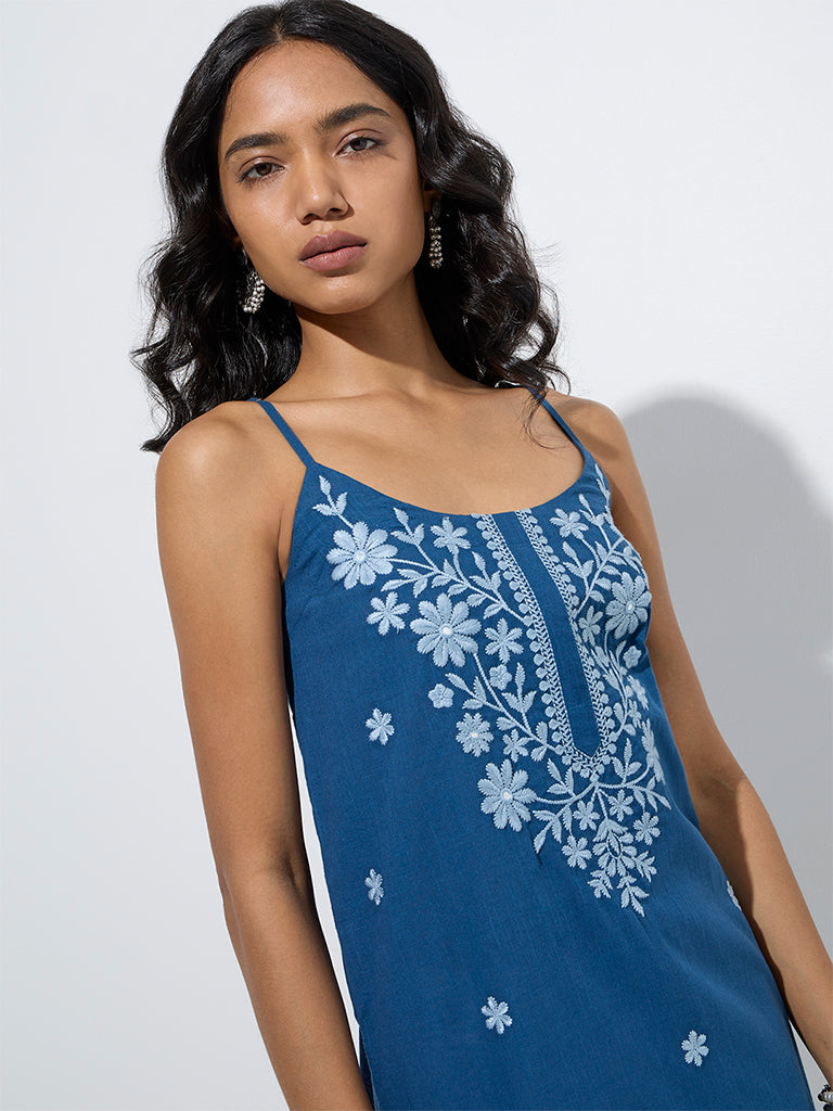 Utsa Indigo Floral Embroidered Straight Kurta - Image 3