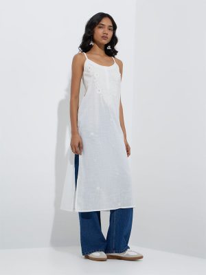 Utsa White Floral Embroidered Cotton Straight Kurta