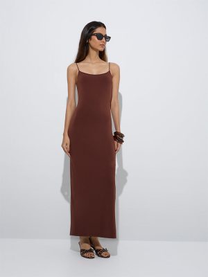 Nuon Brown Solid Straight Slip Dress