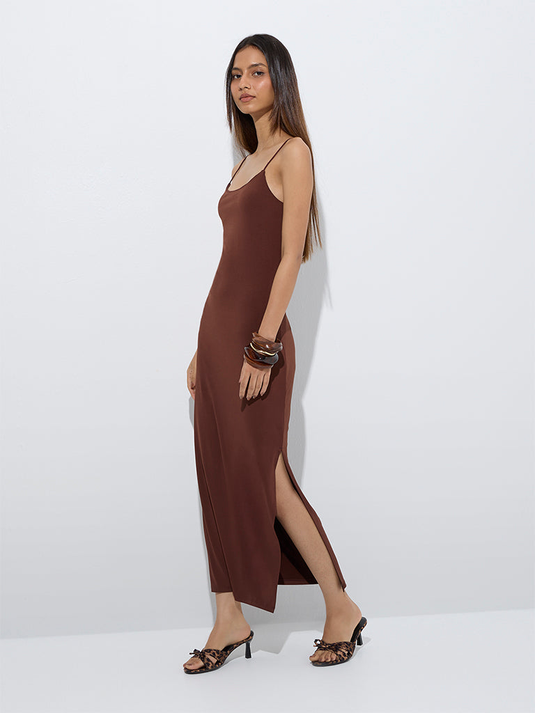 Nuon Brown Solid Straight Slip Dress - Image 2