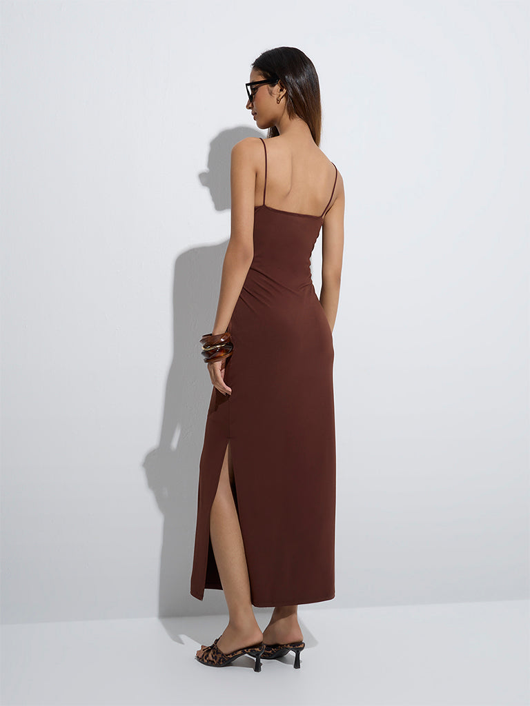Nuon Brown Solid Straight Slip Dress - Image 4