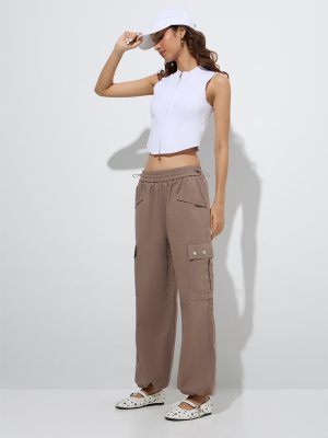 Nuon Brown Cargo-Style Mid-Rise Cotton Joggers