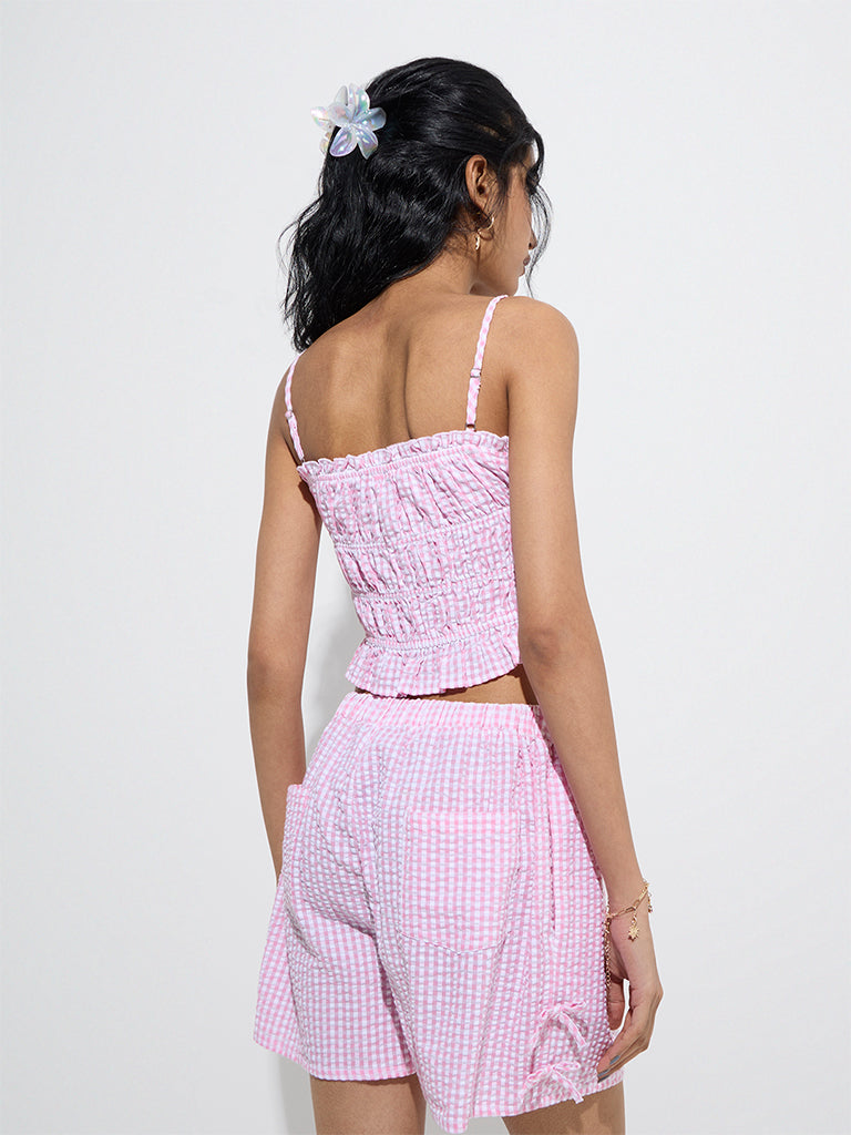 Nuon Pink Gingham Checks Design Cotton Top - Image 4