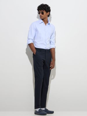 WES Formals Blue Self-Patterned Slim-Fit Cotton Shirt