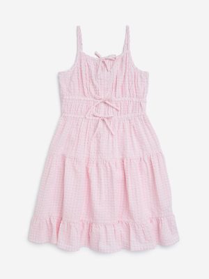 Y&F Kids Pink Seersucker Striped Tiered Cotton Dress