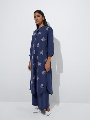 Zuba Navy Embroidered Cotton-Blend A-Line Kurta