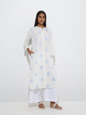 Zuba White Floral Embroidered Cotton-Blend A-Line Kurta