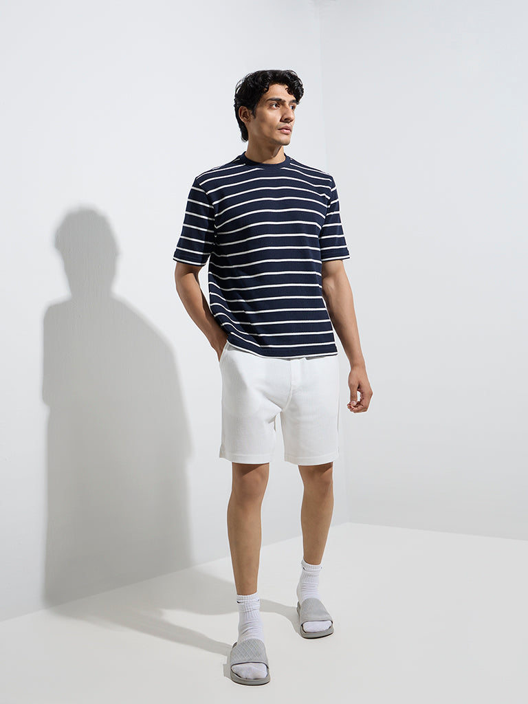 WES Lounge Navy Stripe Relaxed-Fit Cotton-Blend T-Shirt