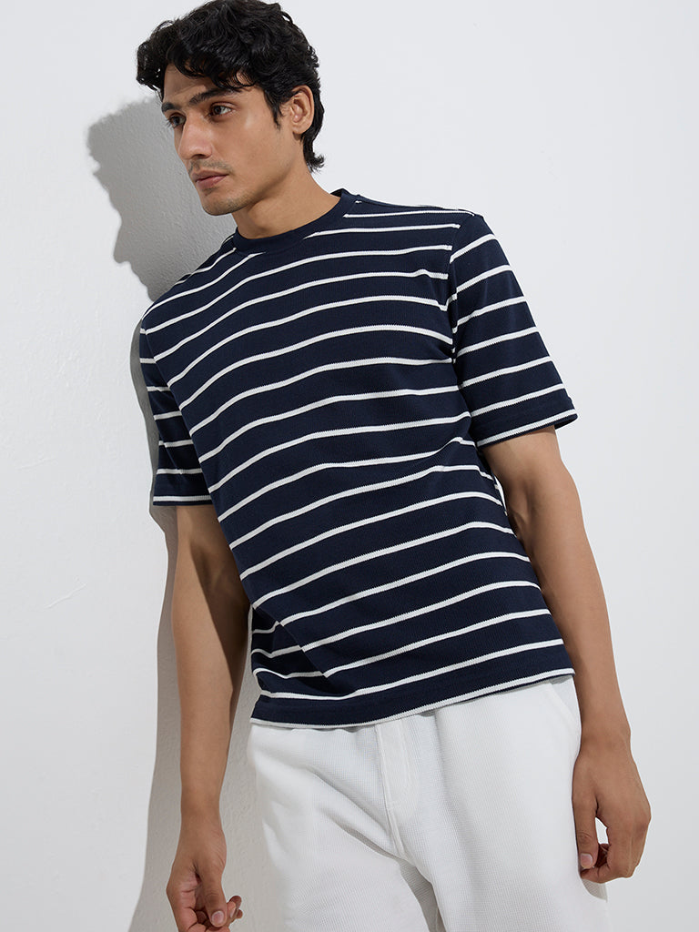 WES Lounge Navy Stripe Relaxed-Fit Cotton-Blend T-Shirt - Image 2