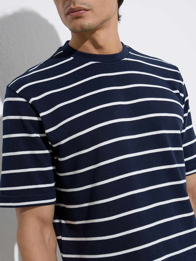 WES Lounge Navy Stripe Relaxed-Fit Cotton-Blend T-Shirt - Image 3