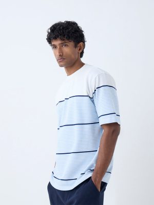 WES Lounge Blue Striped Relaxed-Fit Cotton-Blend T-Shirt