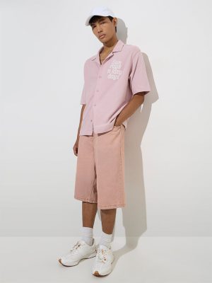 Nuon Pink Text Patterned Relaxed-Fit Cotton Shirt